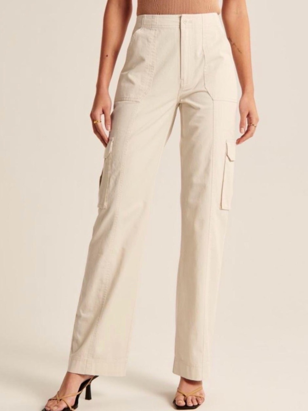 Abercrombie High Rise Baggy Cargo Pants Cream Relaxed Fit Utility Size 12 31